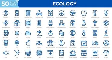 set van 50 ecologie web iconen in blauwe lijnstijl. recycling, biologie, hernieuwbare energie. overzicht iconen collectie. vector illustratie