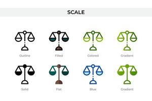 schaalpictogram in verschillende stijl. schaal vectorpictogrammen ontworpen in omtrek, effen, gekleurd, gevuld, verloop en vlakke stijl. symbool, logo afbeelding. vector illustratie