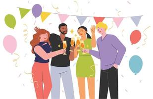 vier vrienden proosten op een feestje met champagne. ballonnen, confetti en slingers zijn versierd. platte ontwerp stijl vectorillustratie. vector