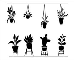 decoratieve kamerplanten voor binnen in een pot staande en hangende plantenbakken silhouette graphic vector