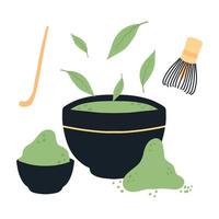 matcha-thee. mok met matcha en groene theeblaadjes. vectorillustratie. natuurlijke groene thee. vector