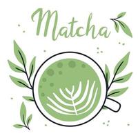 matcha-thee. mok met matcha en groene theeblaadjes. vectorillustratie. natuurlijke groene thee. vector