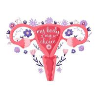mijn lichaam mijn keuze. baarmoeder met bloemen, vrouwelijk voortplantingssysteem. concept van vrouwelijke rechten op abortus. abortus flyer pro keuze campagne. de juiste slogan van vrouwen. platte vectorillustratie. vector