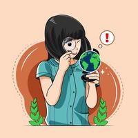 meisje op zoek wereldbol met loep vectorillustratie gratis download vector