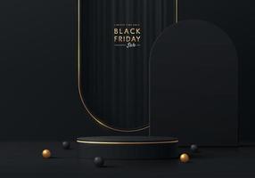 realistisch zwart, gouden 3d cilinder voetstuk podium met zwart gordijn op de achtergrond van de boogvorm van het venster. zwarte vrijdag verkoop, vector abstracte minimale scène voor producten podium showcase, promotie display.
