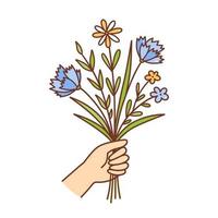 een hand met een boeket bloemen in doodle-stijl. leuk cadeau voor de vakantie. vector handgetekende illustratie geïsoleerd op een witte achtergrond. perfect voor verschillende ontwerpen, kaarten, logo, decoraties.