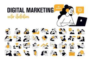 illustraties van digitale marketingconcepten. set mensen vectorillustraties in verschillende activiteiten van internetmarketing, web- en app-ontwerp en -ontwikkeling, seo, sociaal netwerk. vector