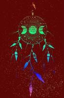 psychedelische dreamcatcher mandala ornament maanstanden en vogelveren. oude mystieke symbool, kleurrijke etnische kunst met native american indian boho design, vector geïsoleerd op rode achtergrond