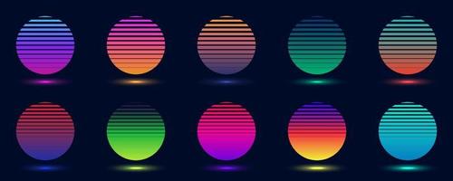 set van badges abstracte kleurovergang kleurrijke cirkels geïsoleerd op donkere achtergrond retro 70s 80s stijl vector