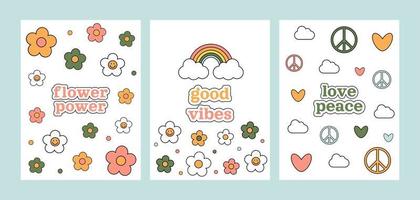 flower power groovy set uit 1970. drie ansichtkaarten met kleurrijke cartoon madeliefjes, regenboog, harten, symbool vrede, wolk op witte achtergrond. jaren 70 vibes achtergrond. trippy hand getekende vectorillustratie. vector