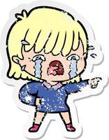 verontruste sticker van een huilend tekenfilmmeisje vector