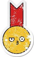 verontruste sticker van een leuke cartoon gouden medaille vector