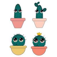 set van cactus.cute succulente character.collection van exotische woestijnplanten geïsoleerd op een witte vector