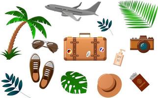 een reeks vectorillustraties voor reizen. een verzameling items voor vrije tijd of reizen. geschikt voor stickers, tijdschriften en reclameproducten. platte cartoon vectorillustratie vector