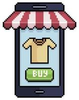 pixelart kleding kopen op mobiel. mobiele telefoon met winkel luifel vector pictogram voor 8-bits spel op witte achtergrond