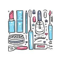 make-up doodle elementen cartoon collectie, vierkante kaart vector