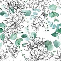 naadloze patroon met aquarel eucalyptus bladeren en grafische vintage bloemen in schets stijl. minimalistische delicate print op een witte achtergrond vector