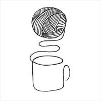 vectorillustratie in doodle stijl. minimalistisch breilogo. een bol garen en een mok met een warme drank. symbool van herfst, winter, gezellig haken, breien. met de hand gemaakt logo, handwerk. vector