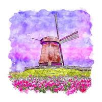 windmolen nederland aquarel schets hand getekende illustratie vector