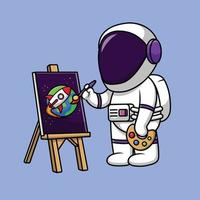 schattige astronaut schilderij raket en aarde cartoon vector pictogram illustratie. wetenschap vervoer platte cartoon concept