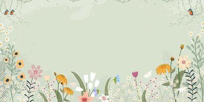 lente groene achtergrond met schattige vogels en kleine wilde bloemen bloeien op de rand, achtergrond voor zomer of lente banner te koop, vector illustratie wenskaart voor Moederdag, bruiloft, Valentijn