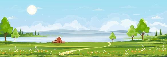 lente landschap in dorp aan het meer met groene velden, bergen, blauwe lucht en wolken, vector natuur cartoon landschap zomer, panoramisch platteland aan de rivier met heldere hemel in de ochtend