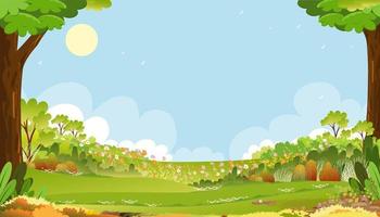 lente groene velden landschap met blauwe lucht en wolken achtergrond, panorama rustige landelijke natuur in de lente met grasland in de ochtend. vector cartoon voor lente en zomer banner