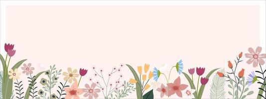 lente banner met veelkleurige bloemen en bladeren op de rand in perzik achtergrond, vector horizontale achtergrond van schattige bloeiende flora frame, mooie botanische voor moederdag of zomervakantie kaart