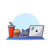 schattige kat slapen op laptop met hamburger en frisdrank cartoon vector pictogram illustratie. dierlijke technologie pictogram concept geïsoleerde premium vector. platte cartoonstijl