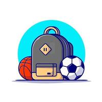 rugzak met voetbal en basketbal cartoon vector pictogram illustratie. onderwijs sport pictogram concept geïsoleerde premium vector. platte cartoonstijl