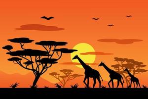 een familie van giraffen in afrika tegen de zonsondergang. cartoon vectorillustratie vector