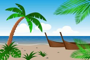 tropisch strand, palmboom, boten, zee, blauwe lucht. vakantie. zonnige ansichtkaart. vector illustratie