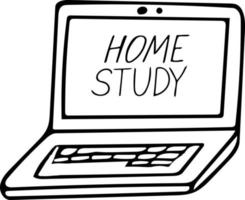 laptop en belettering online studie hand getekend in doodle Scandinavische eenvoudige zwart-wit stijl. thuisonderwijs, afstandsonderwijs, internet, cursus, webinar, uitzending, videotutorials vector