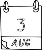 kalender hand getekend in doodle stijl. 3 augustus nationale watermeloendag, datum. pictogram, stickerelement voor ontwerp. planning, zakenvakantie vector