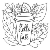 koffiemok om te gaan kleuren pagina vectorillustratie. hallo herfst schattige schets met koffiemok en herfstbladeren vector