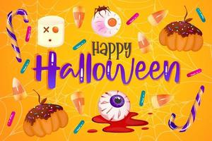 happy halloween banner oranje met dessert, snoep maïs en oogbol. leuke achtergrond. vectorontwerp. modern conceptontwerp. fijne Halloween. webbannersjabloon. vector