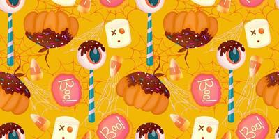 cartoon naadloze patroon halloween zoet dessert. fantasie oogbol, pompoen, snoep kleurrijke illustratie. schattig snoep behang. magische afdruk. cartoon vectorillustratie. fijne Halloween vector