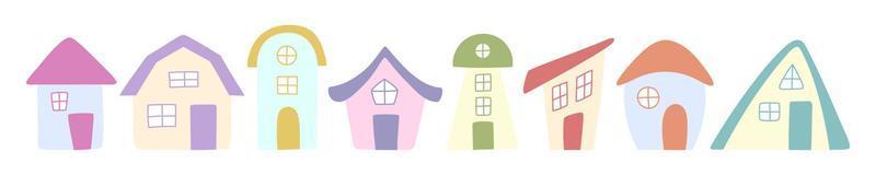 set van schattige kleurrijke handgetekende huizen. eenvoudige huizen van één verdieping met veelkleurige daken en ramen. vector