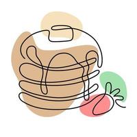 een lijn van pannenkoeken met aardbeien. handgetekende logo. café en bakkerijconcept. vectorillustratie geïsoleerd op een witte achtergrond. vector