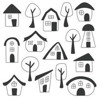 set hand getrokken huizen en bomen op witte achtergrond. doodle huis set. vectorillustratie. vector