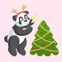 schattige panda met gewei siert de kerstboom met een ster. vakantie concept. vector