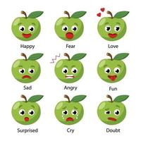 set van vector iconen met verschillende stemmingen van groene appels. infographic emoties voor kinderen. blij, angst, liefde, verdriet, woede, plezier, verrassing, huilen en twijfel emoties op wit.