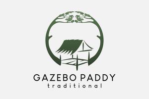 paddy gazebo of traditioneel cottage-logo-ontwerp in een handgetekend concept gecombineerd met een boom in een cirkel vector