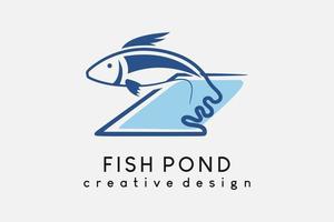 zoetwatervis kweker logo ontwerp, fokker of visteelt. vis die over de vijver springt met creatief lijnkunstconcept vector