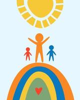 de regenboog als teken van dank, hoop en solidariteit. abstracte mensen familie verblijf op boog onder de zon. handgetekende boho minimalisme stijl vectorillustratie vector