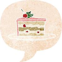 cartoon dessert cake en tekstballon in retro getextureerde stijl vector
