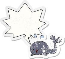 cartoon gelukkige walvis en toespraak bubble verontruste sticker vector