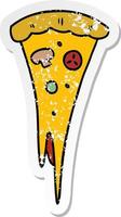 verontruste sticker cartoon doodle van een stuk pizza vector