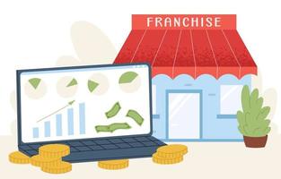 verkoopt franchise online. verkoop en aankoop van franchise. financieel succes. online franchising. platte grafische vectorillustratie vector