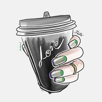 vrouwelijke hand met lange nagels houdt een glas met koffiedrank vast, trendy nageldesign vector